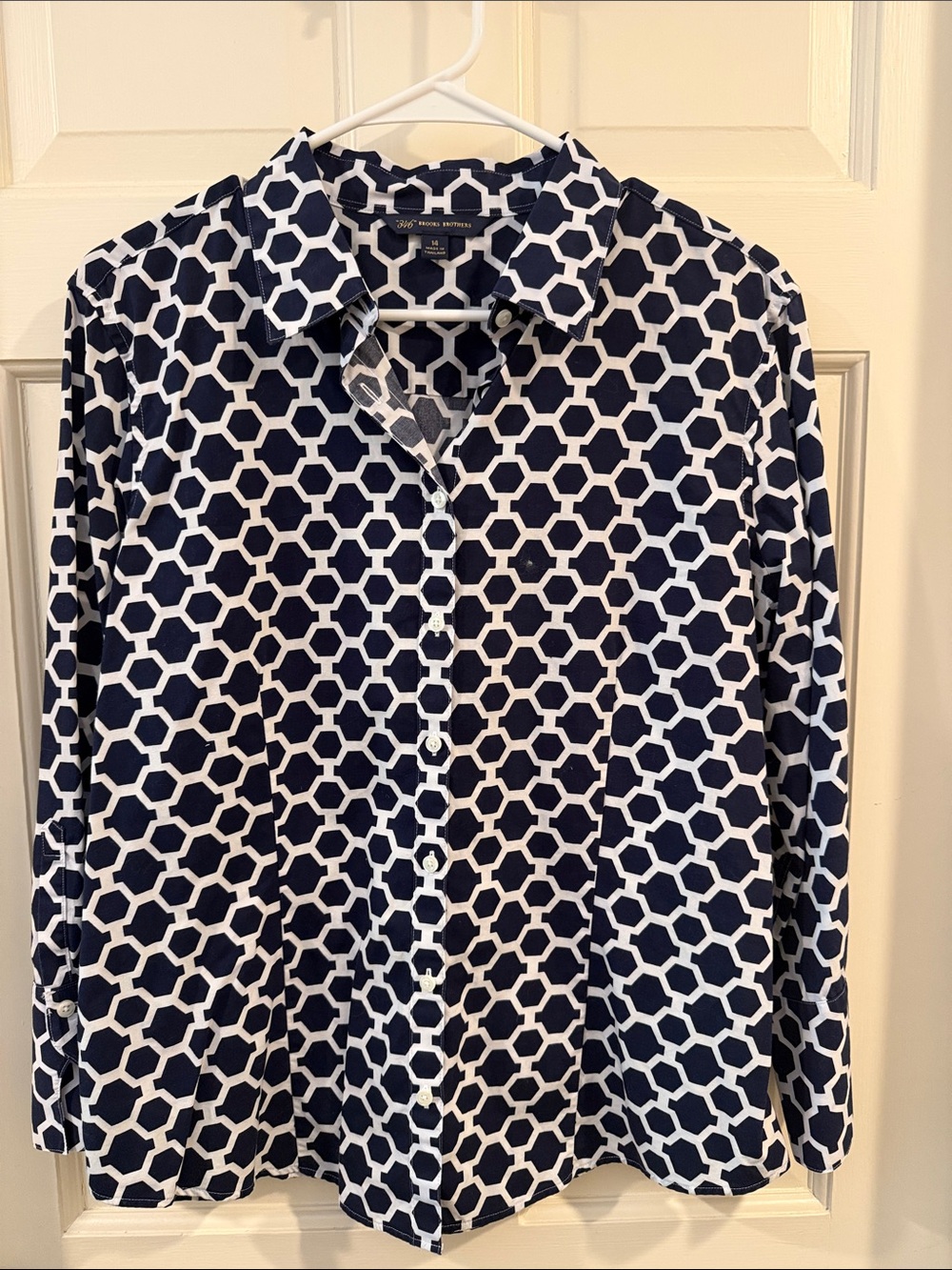 Brooks Brothers “346” Women's Navy & White Geometric Print Button-Down Shirt